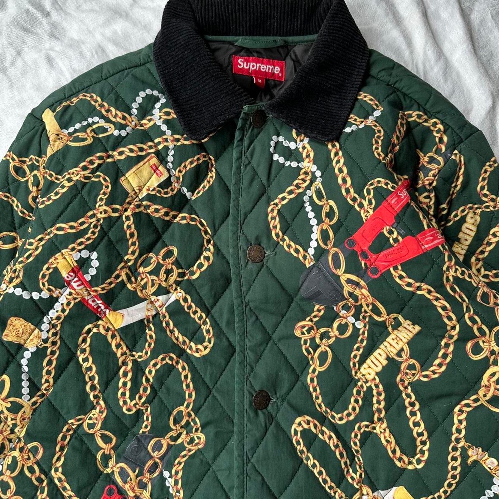 Fw20 Supreme Green Quilted Gold Chains Quilted Work Jacket